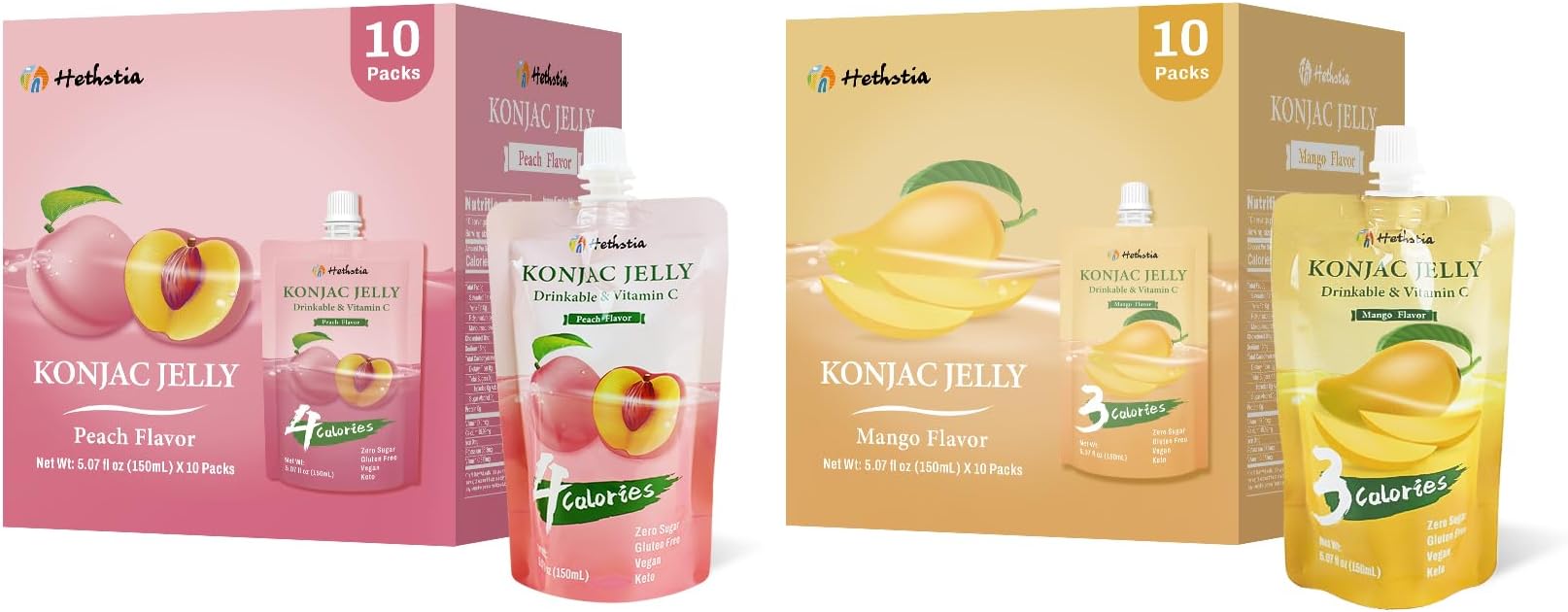 Hethstia Konjac jelly 20Packs, Vitamin C, Low Calorie, Vegan, Keto, Gluten, Peach and Mango Flavor Drinkable Jelly, Healthy Snacks, Fruit Sweet Jelly Free,