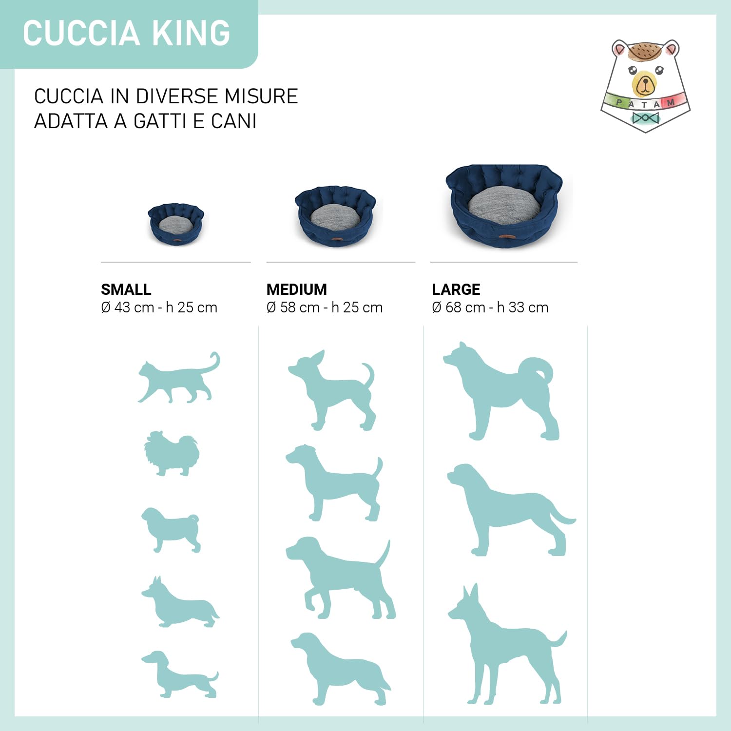 Divanetto per Cani e Gatti, Cuccia da Interno Sfoderabile, Lavabile in Lavatrice, King Blu, Large 68 cm