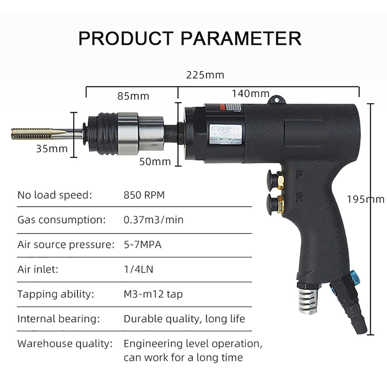 Maschiatrice Pneumatica M3-M12, Maschiatrice Pneumatica A Testa Autobloccante, velocità Regolabile, per Maschiatura Acciaio, Ferro, Rame, Alluminio, Plastica