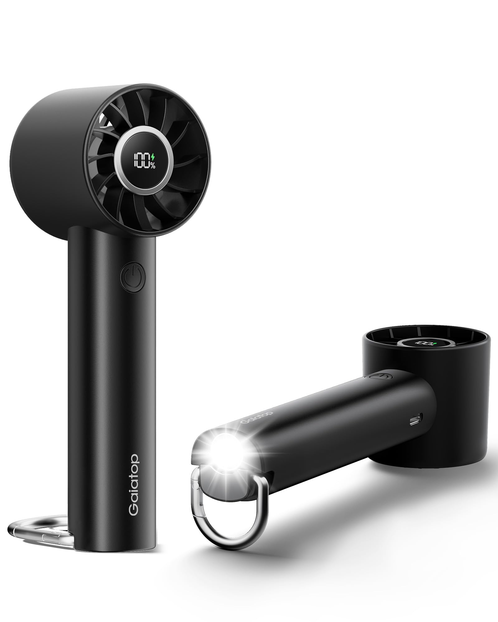 Gaiatop Tragbarer Turbo Handventilator mit LED Taschenlampe und Basis, Wiederaufladbarer Mini Ventilator, Reiselüfter für Zuhause, Büro & Camping, Geschenk für Frauen & Männer – Schwarz