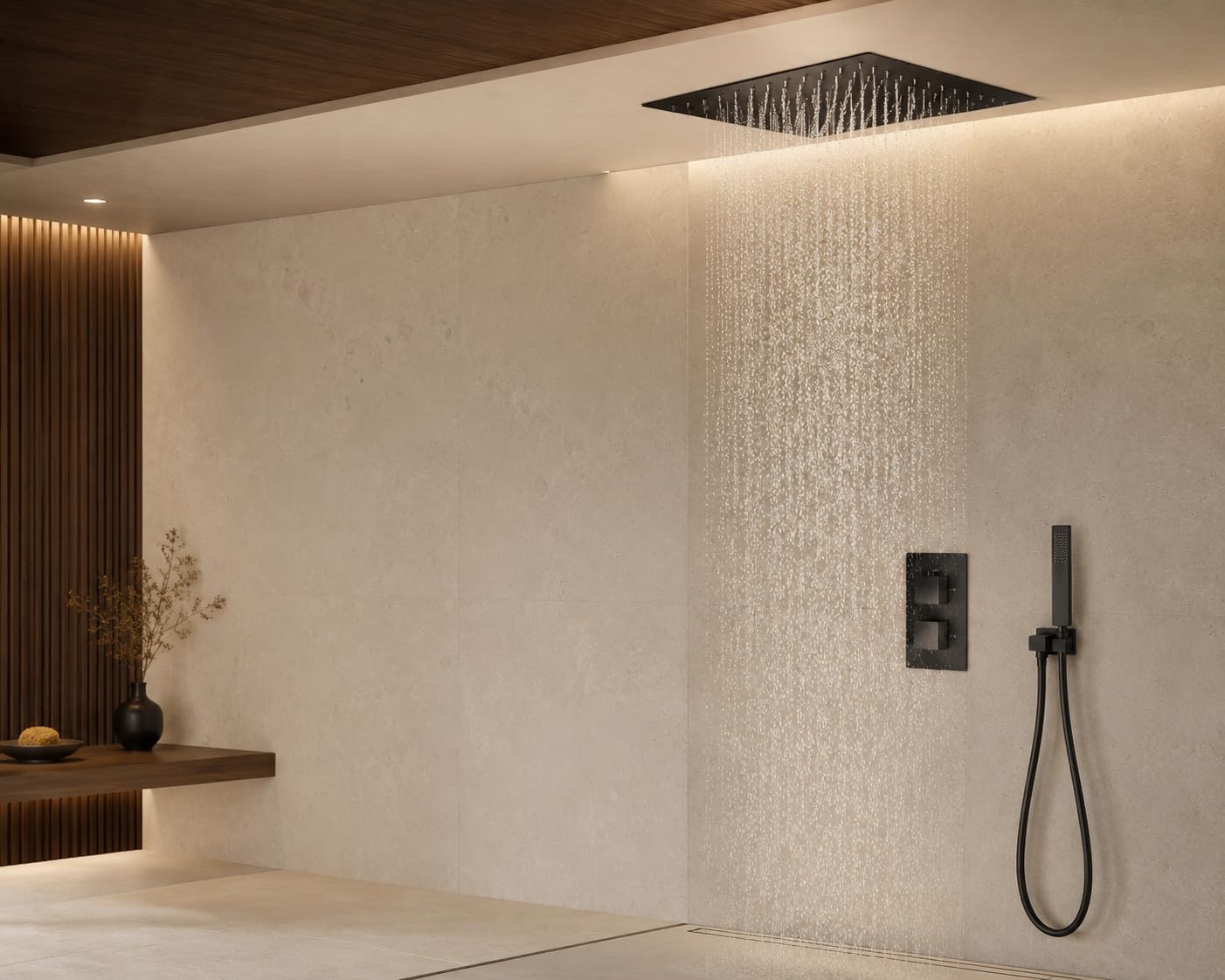 Mice - Conjunto ducha empotrada techo TERMOSTATICO - Rociador extraplano es de techo, cuadrado de 40 cm x 40 cm de lado incluye el premarco - Griferia de baño efecto lluvia color Negro Mate