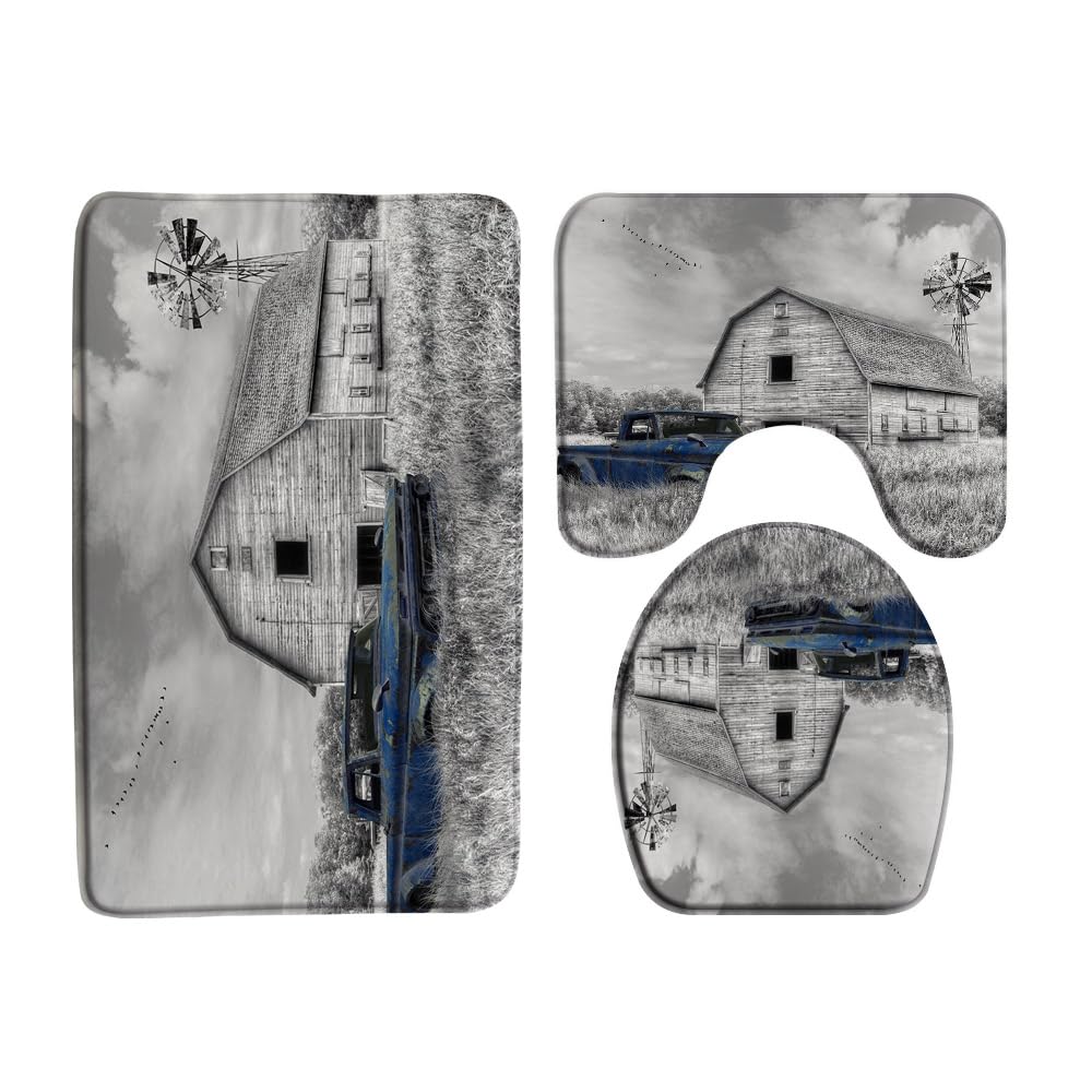 Vintage Farm Truck 3 Pcs Bath Rugs Set,Rustic Wooden Barn Old Antique Car Farmhouse Windmill American Country Bathroom Kitchen Rug with 17.8