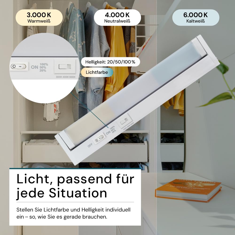 LUXULA LED Unterbauleuchte schwenkbar 30cm, Schrankbeleuchtung mit Schalter IP20, dimmbar 2700K 4000K 6000K, 29,7x6,1x2,4 cm, 4W, 400lm, Unterbau LED Lichtleiste Weiß, Küchenlampe