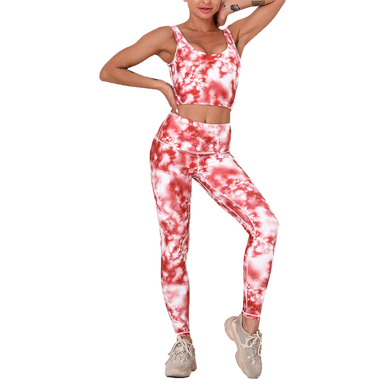 Top Leggings Set Abbigliamento Sportivo Donna, Stampe da donna Allenamento Set 2 pezzi Abiti Abiti ad alta vita a vita alta Ascensore Skinny Yoga Leggings Racerback Bra reggiseno Crop Top Gym Vestiti