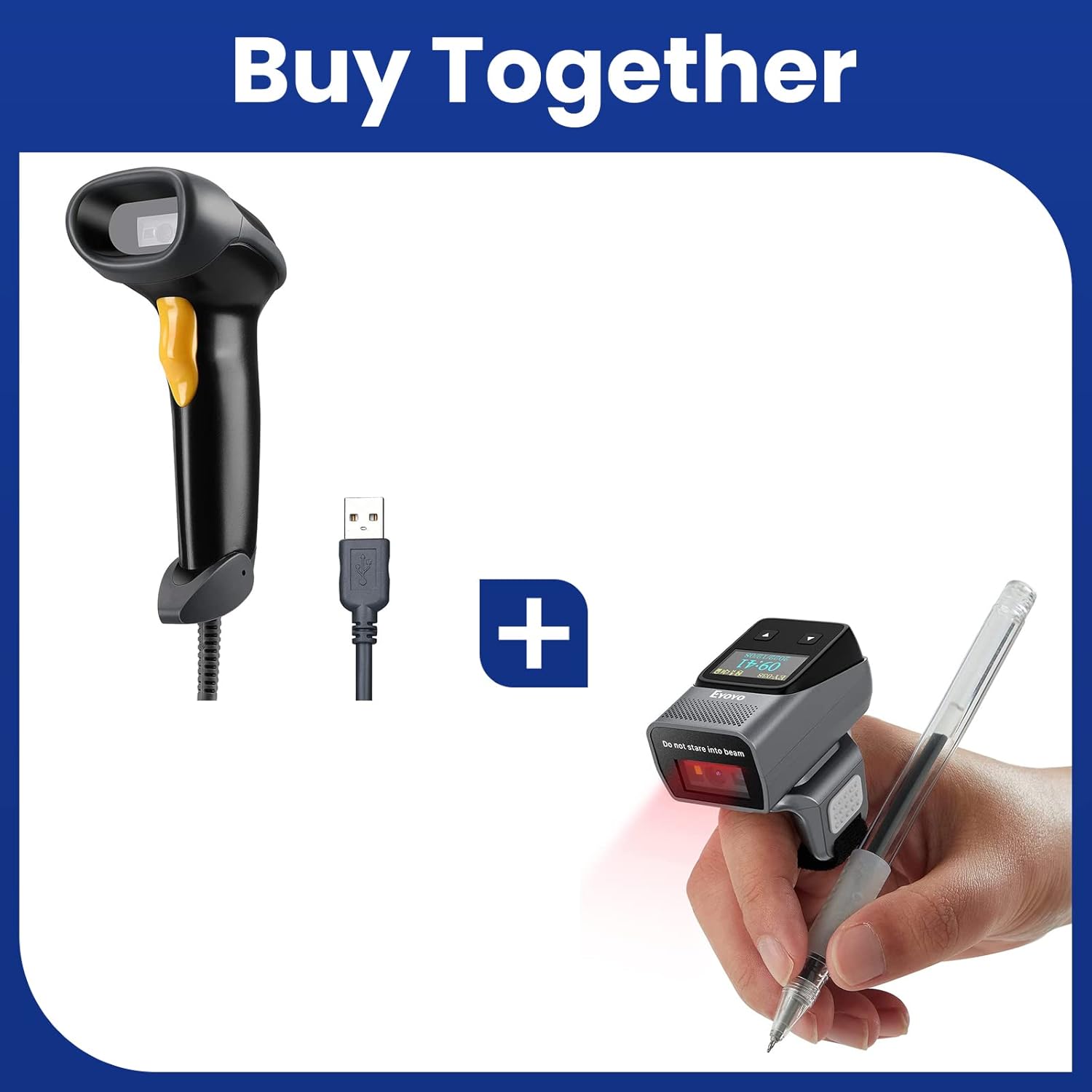 Eyoyo Handheld USB 2D Barcode Scanner + 2D Bluetooth Ring Barcode Scanner with Screen