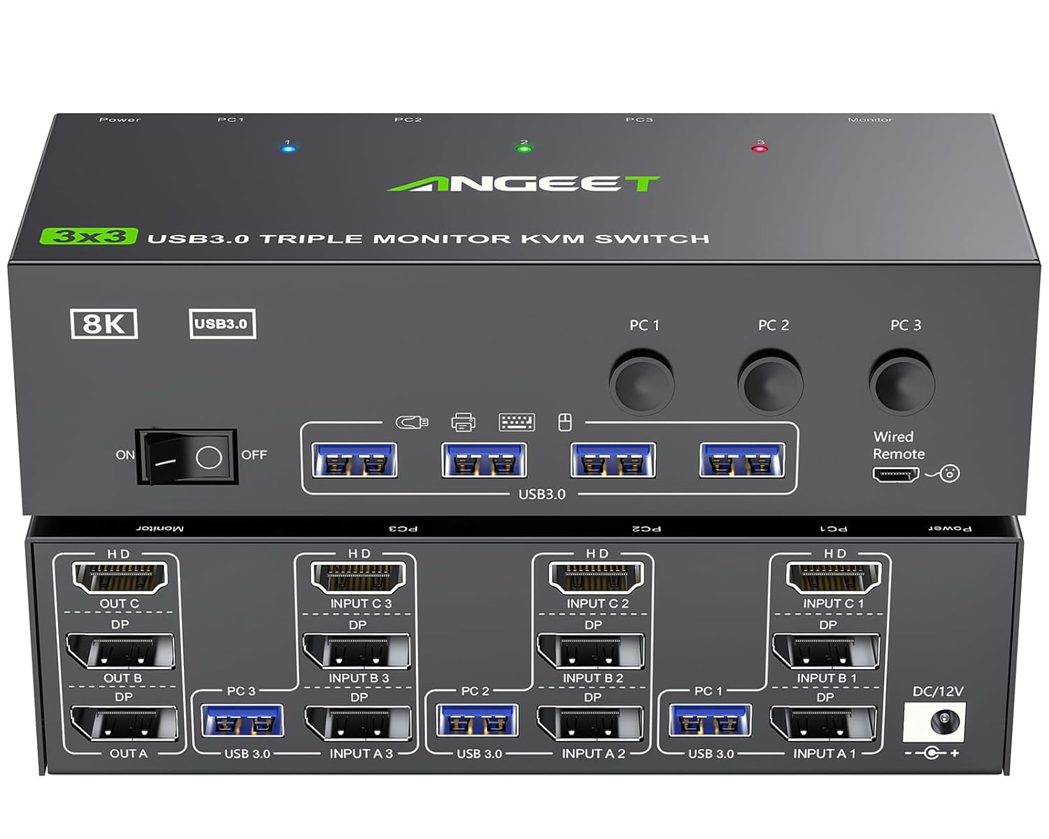 KVM Switch 3 Monitors 3 Computers 8K@60Hz 4K@144Hz, ANGEET HDMI and Displayport Triple Monitor KVM Switch, 3 Monitors KVM with 4 USB 3.0 Ports for USB Devices, Wired Remote and Power Adapter Included 3 Monitor 3 PC