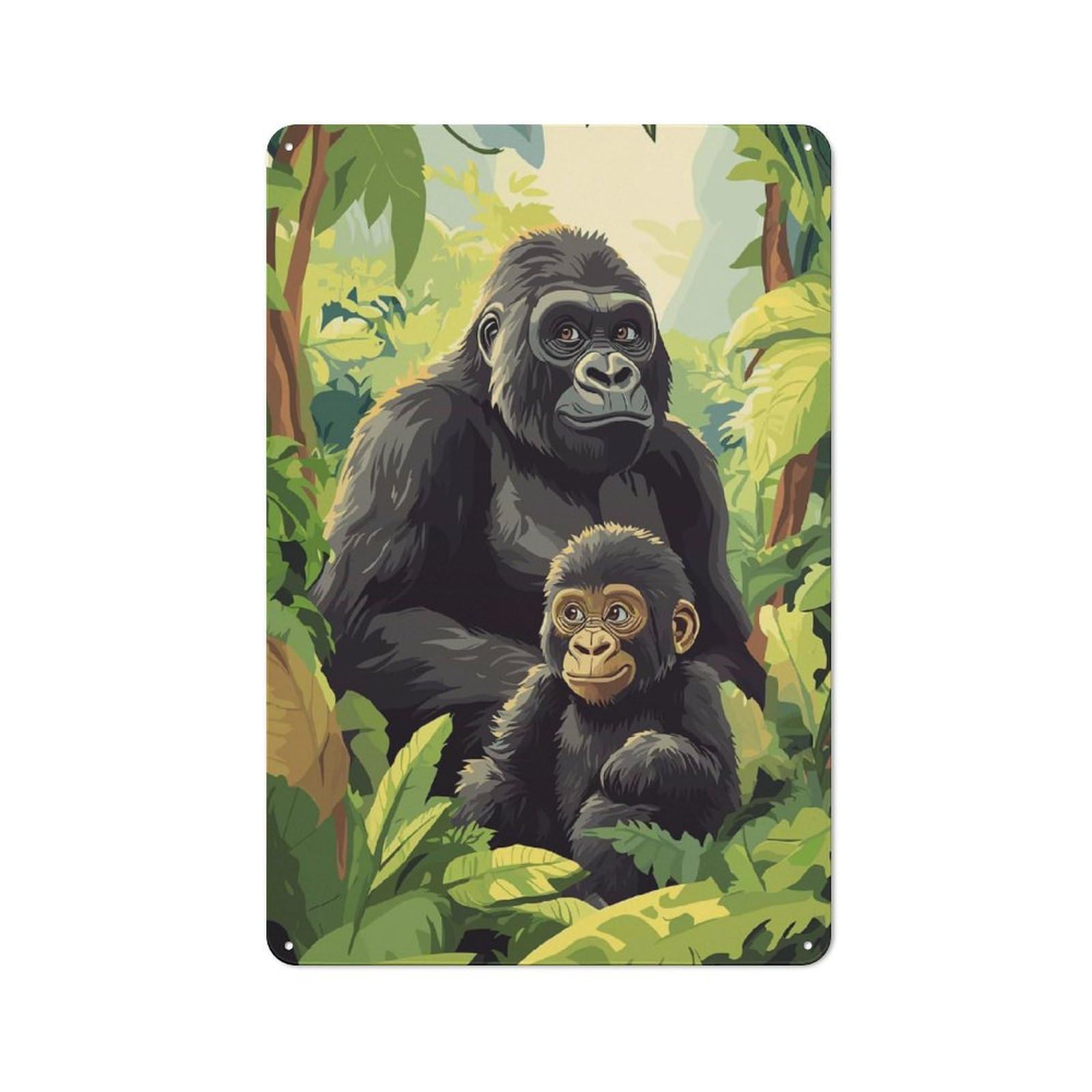 Junmoney Gorilla Family In Jungle Vintage Metal Gift Sign 30X20cm, Novelty Wall Art For Hallway, Home Bar, Garage Or Study