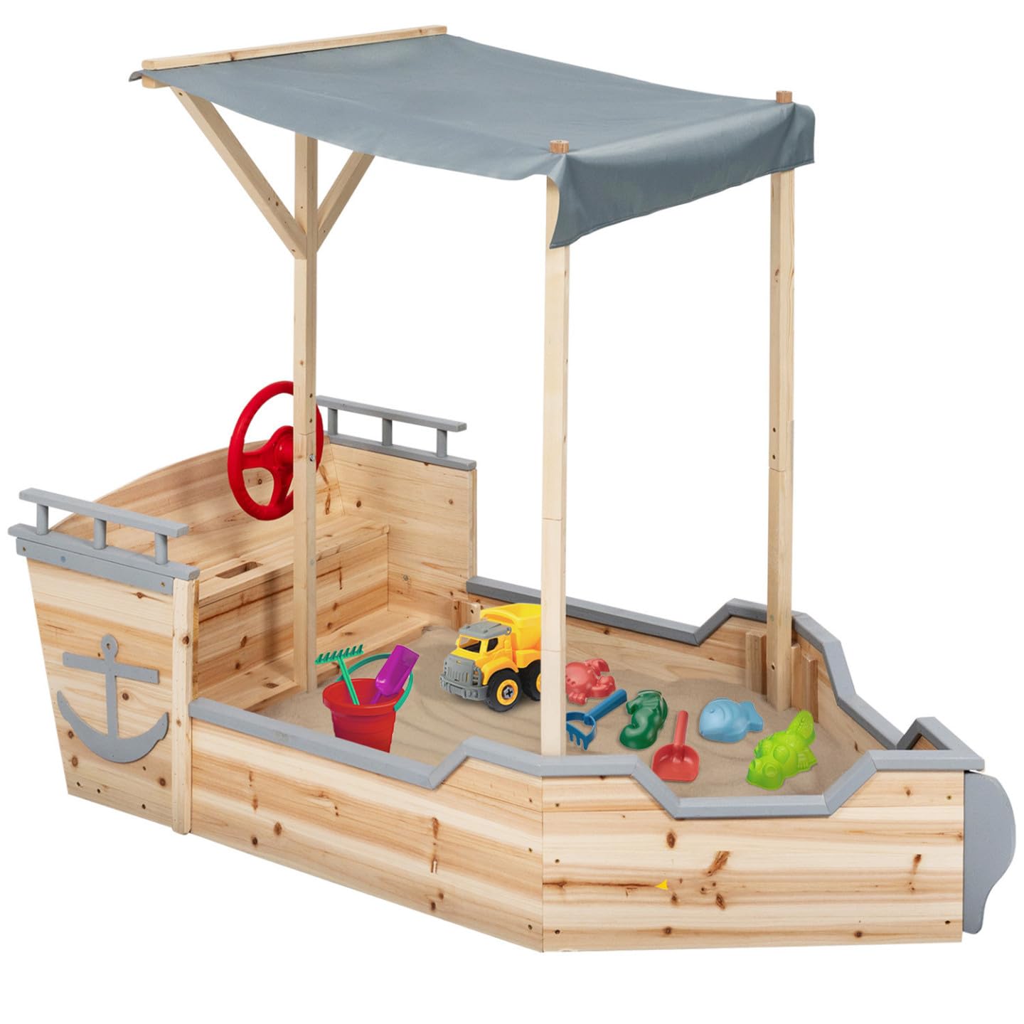 IDMarket - Bac à Sable World Bois Bateau de Pirate avec Banc Coffre et Toit Gris