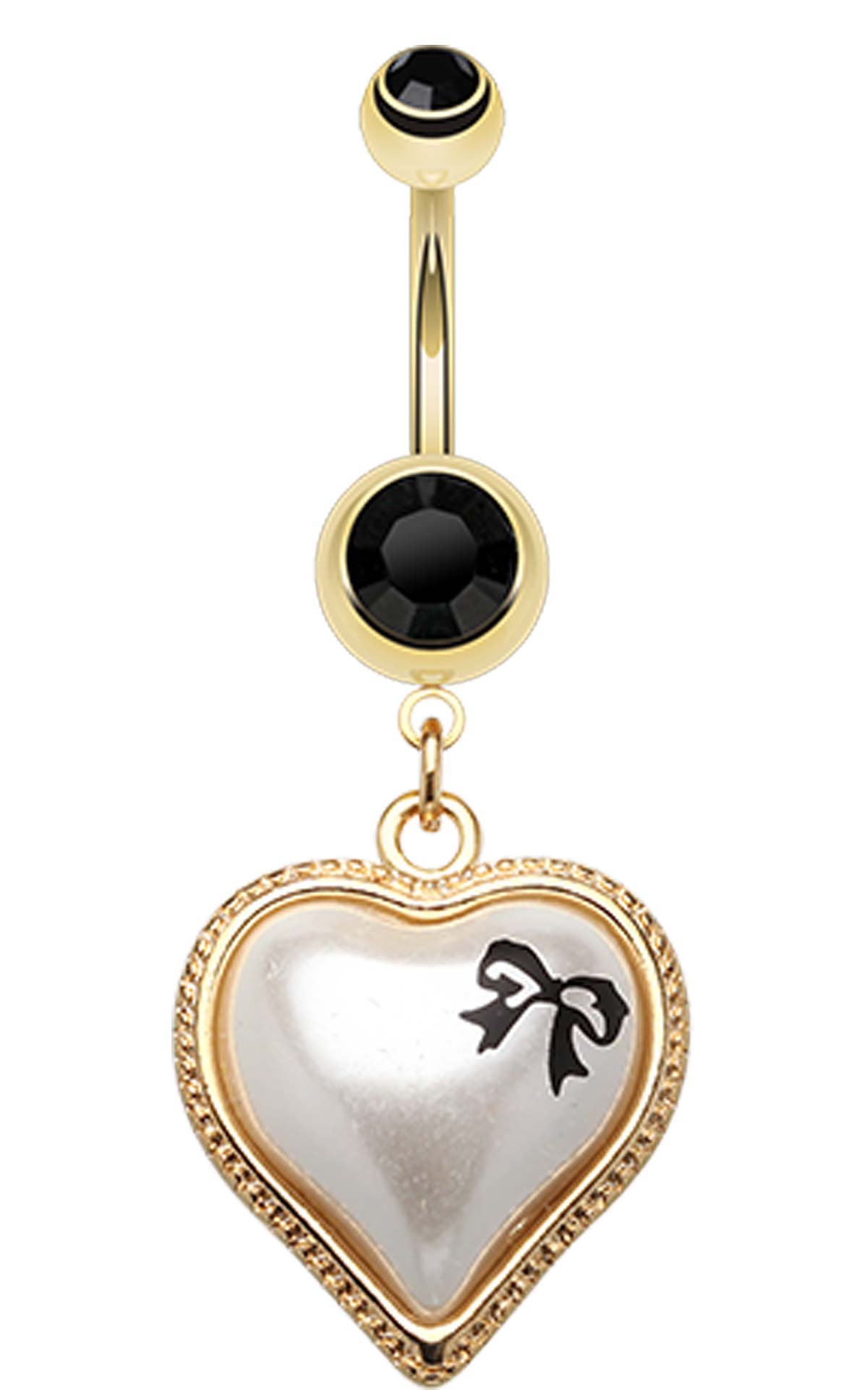 Golden Colored Puffed Bow-Tie Heart Belly Button Ring - 14 GA (1.6mm) - Sold Individually