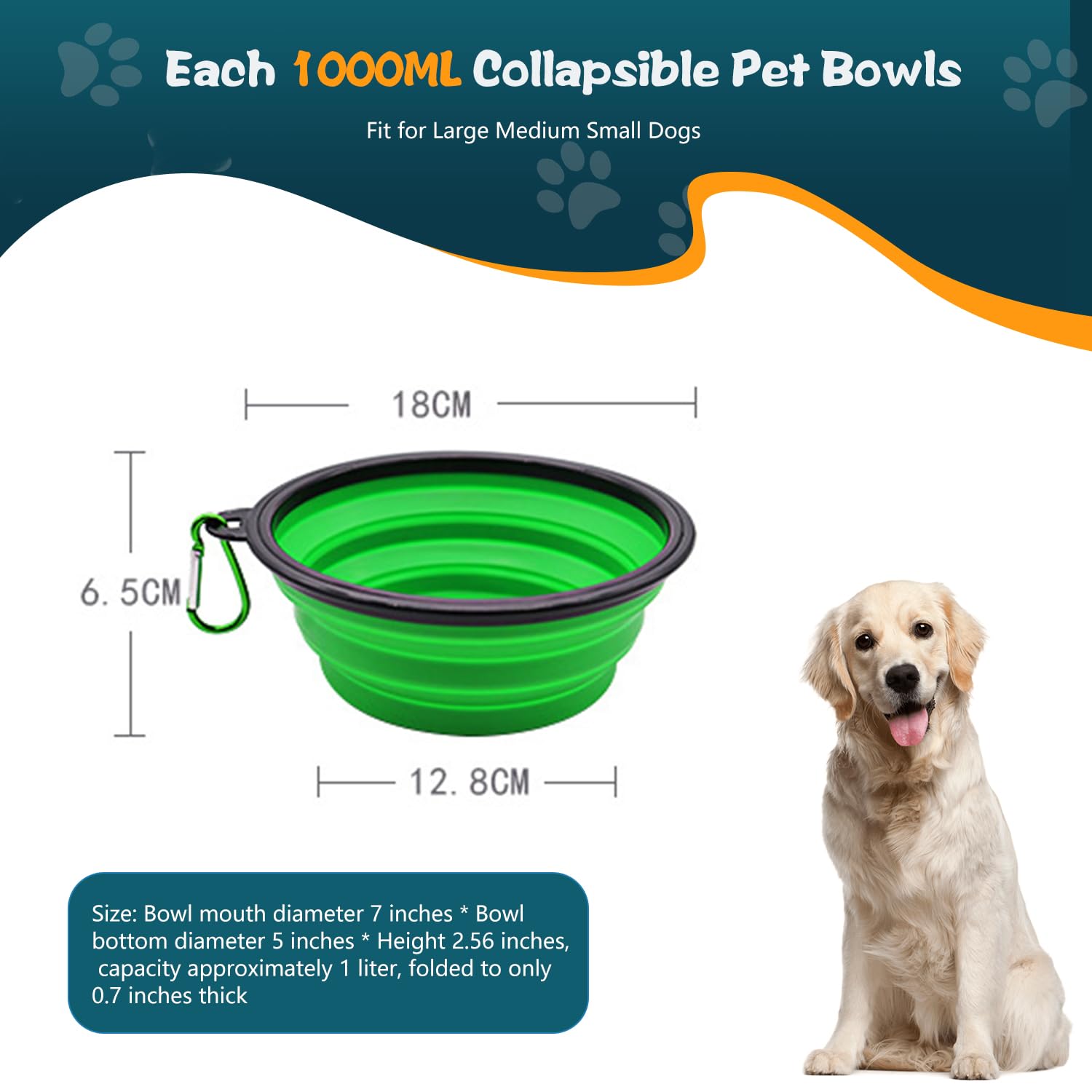 Lot de 2 gamelles pliables en silicone pour chien - Gamelles d'eau et de nourriture pour animaux domestiques avec boucles - Tasses et assiettes - Portable pliable et extensible