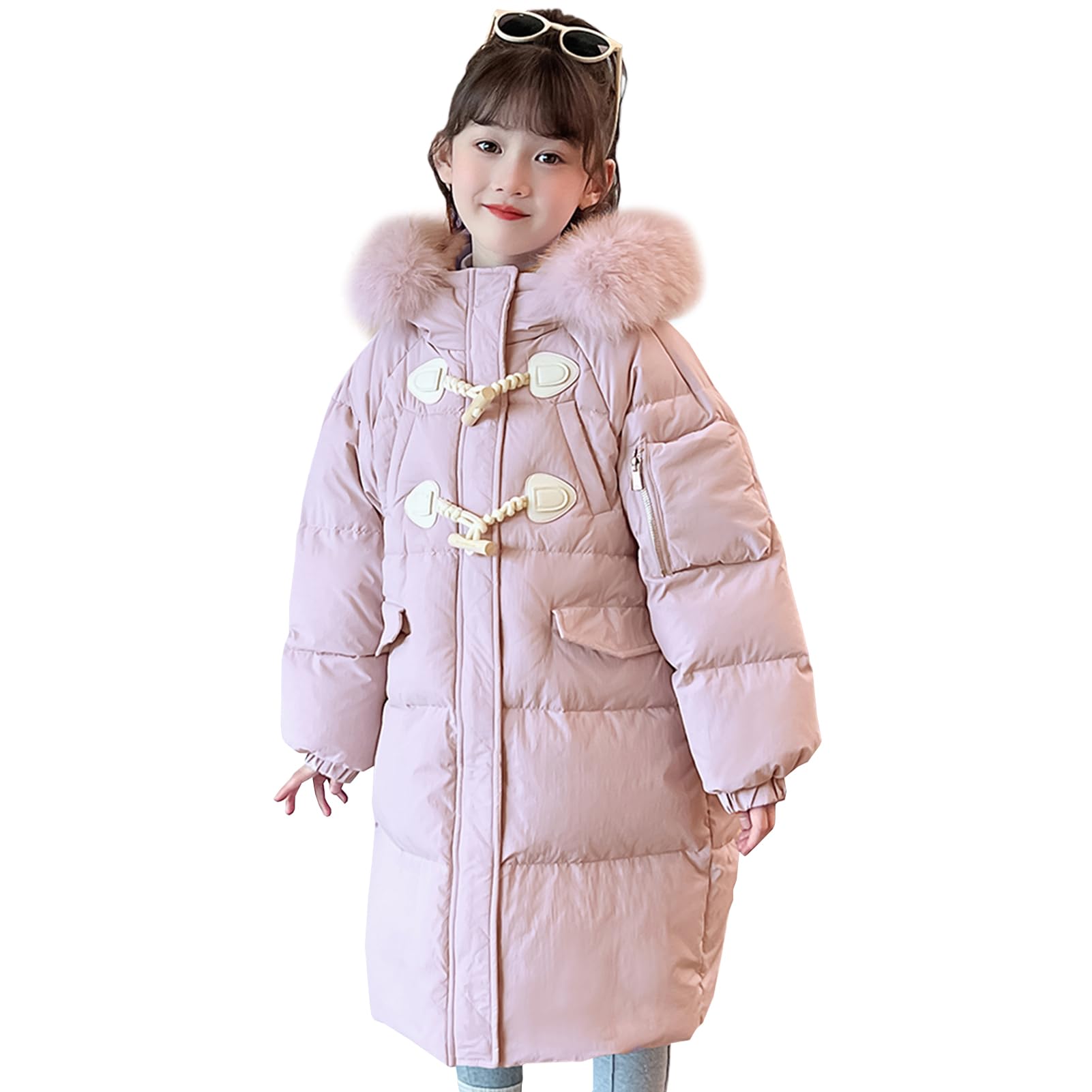 Bambina Giacca di Cotone Lunga Spessa Cappotto con Cappuccio di Pelliccia Giubbotto Trapuntato Antivento per Inverno