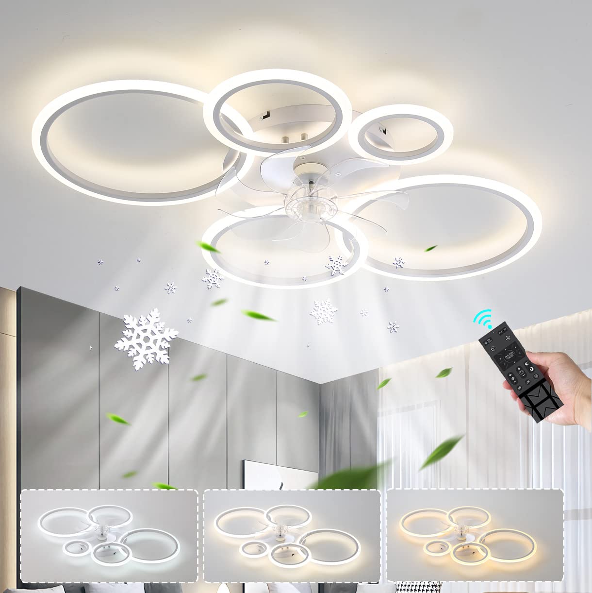 ycwdcz 5 Circle Ceiling Fans with Lamps and Remote Control Reversible Summer & Winter Silent DC Motor 6 Speed Ceiling Light with Fan and Timer APP for Bedroom Living Room LED 130W Dimmable-White
