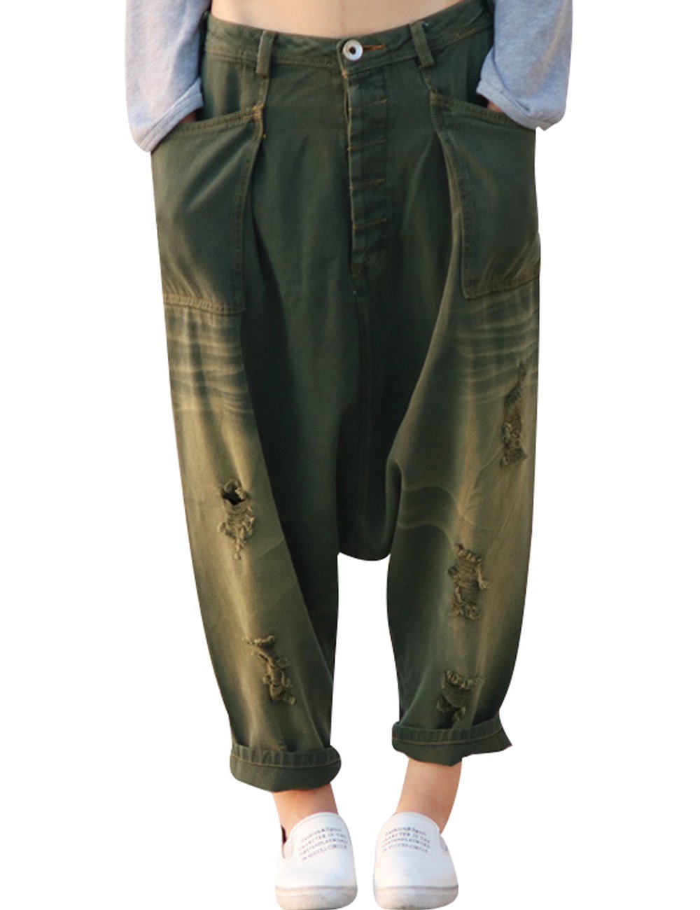Youlee Women's Style 10 Green Elastic Waist Wide Leg Harem Trousers Hole Jeans