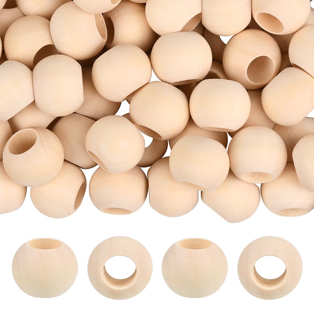 PONABEADIY 100PCS 20mm Natural Wood Beads with Large Hole Unfinished Macrame Wooden Round Craft Spacer Loose Bead Bulk for Jewellery Making Wall Hanging Crafts DIY Painting Garland Home Decoration — image 1