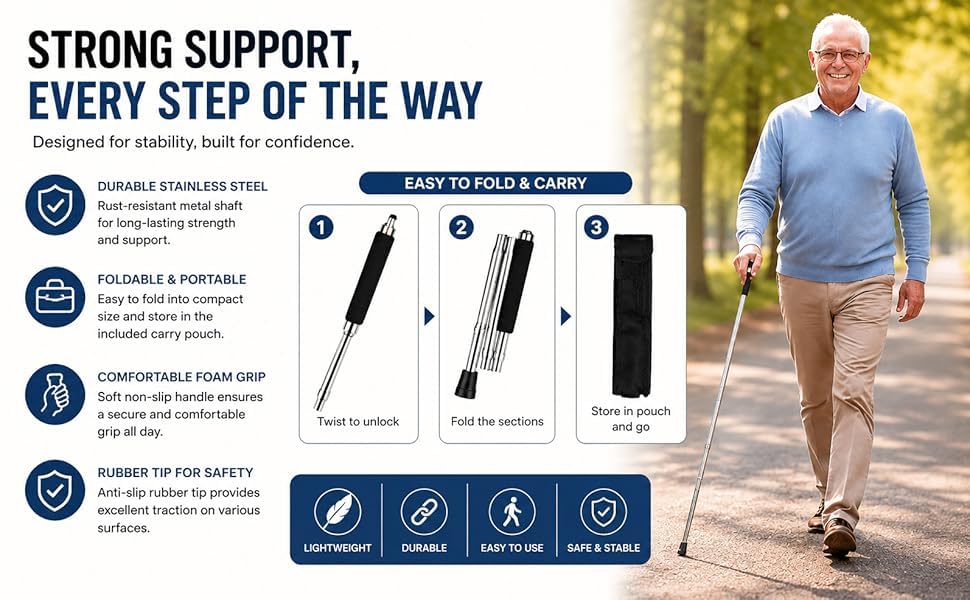 Image of Premium Stainless Steel Collapsible Walking Stick - Lightweight & Extendable Folding Cane with Non-Slip Grip | Compact Foldable Walking Cane for Hiking, Trekking & Seniors, Pack of 1