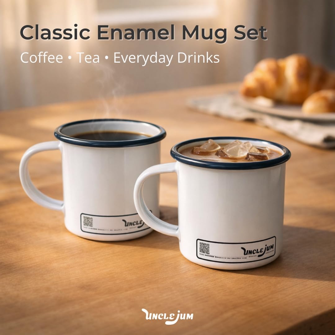 Enamel Mug Set of 2 – Classic Enamel Coffee Cups with Handle for Coffee, Tea, Milk or Camping Use (white, 300, Milliliters)