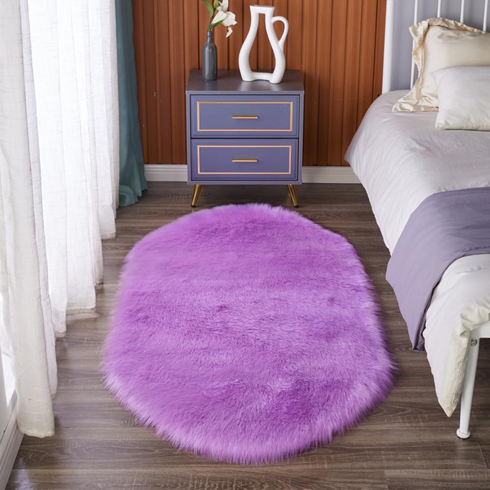 Plush Rugs, Solid Colors Oval Shaped Plush Floor Mats, Ultra Soft Fluffy Oval Carpets for Bedroom Bedside Living Room Plush Area Carpet Rug (Lavender, 20x31.5inch)