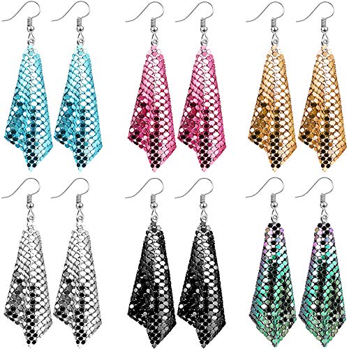 6 Pairs Sequin Dangle Earrings Mesh Grid Tassel Drop Colorful Sequin Earrings for Women Trendy Charms Bridal Wedding Jewelry (Simple Style, Large)
