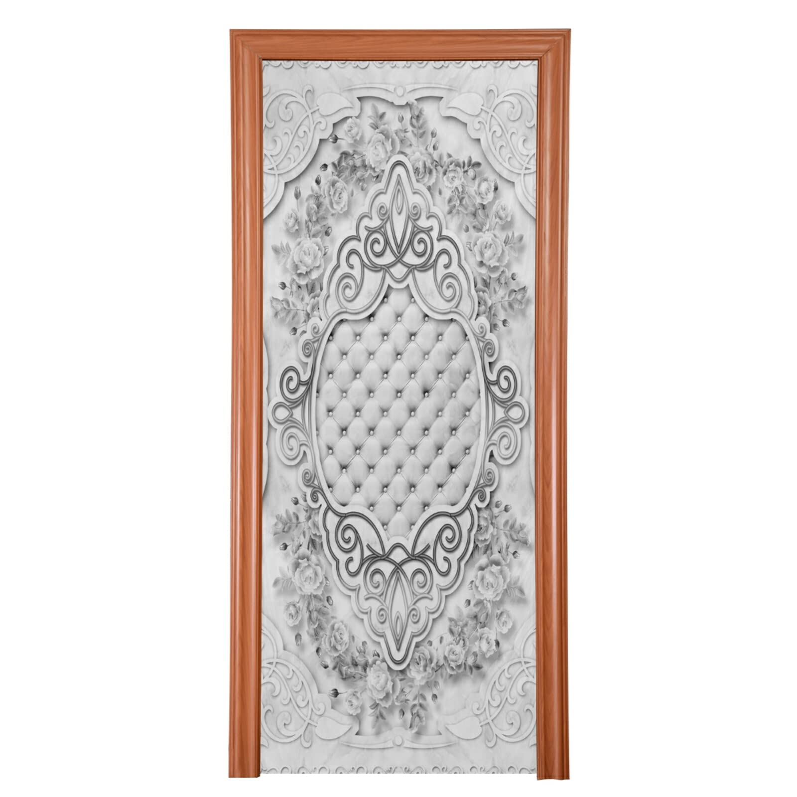 Grey Floral Flower with Pink Marble Stone Texture Door Cover, Washable Fabric Durable Door Decoration Silk Microfiber for Front Door Porch Home Indoor Outdoor Party 32x79 inches