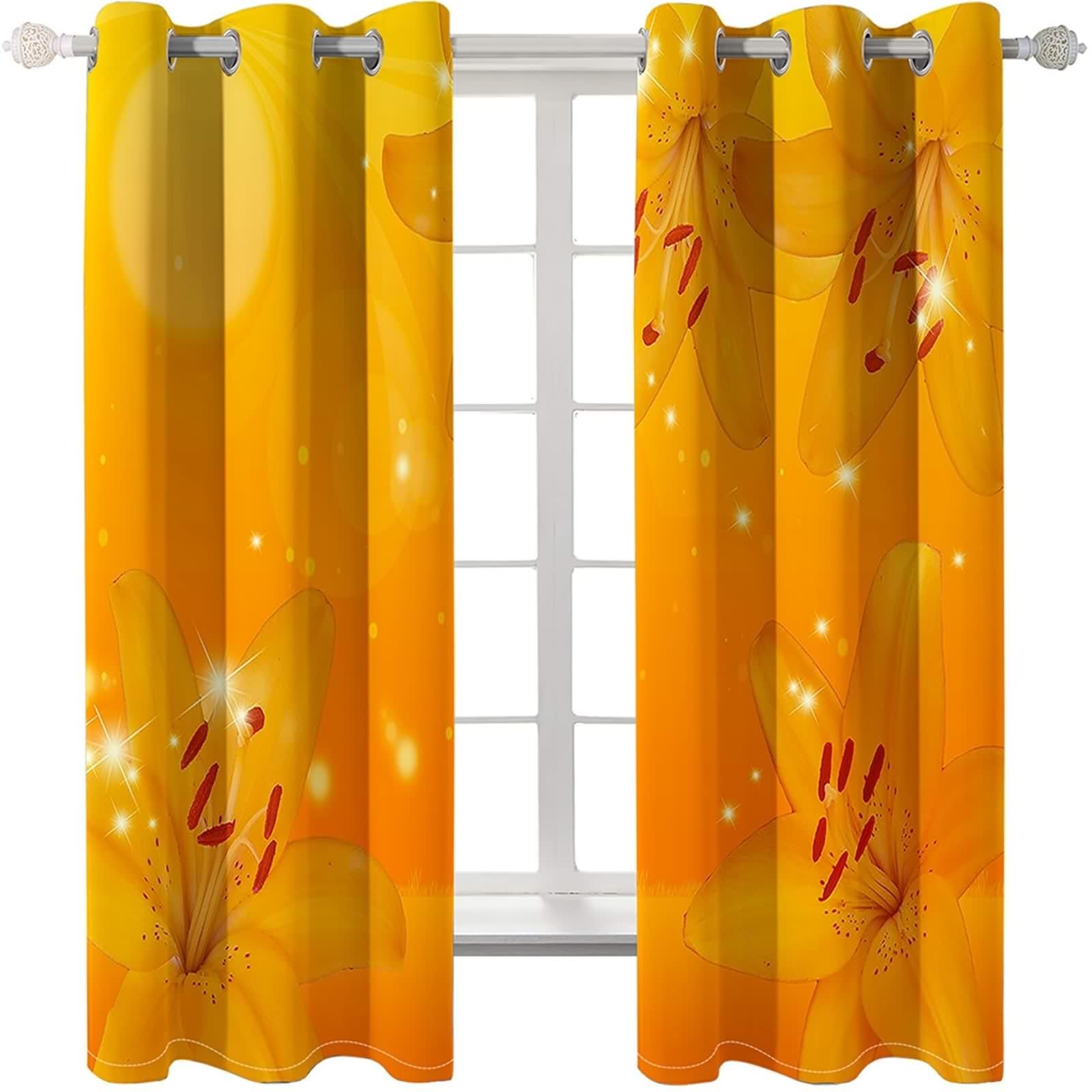 Vorhänge Elegant, Vorhänge Verdunkelung Gelb Orange Polyester Blumen Gardinen 2er Set B 86 x H 138 cm