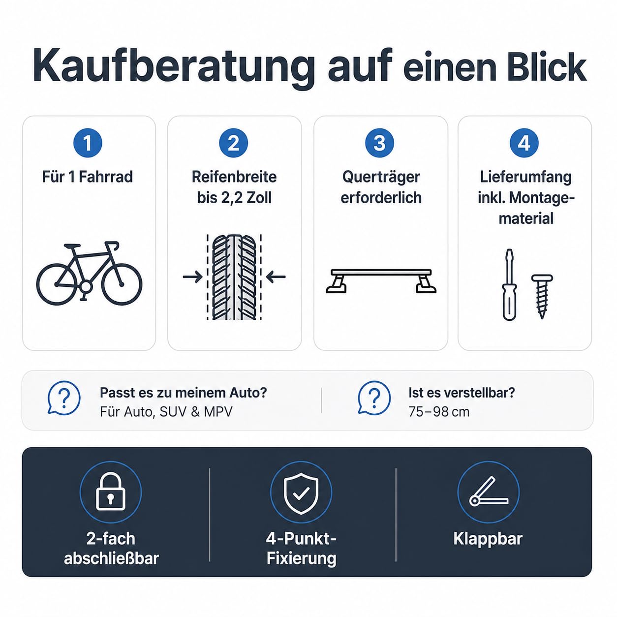 Fahrrad Dachträger E-Bike mit Diebstahlschutz für Auto SUV bis 38 Zoll | Mit Doppelverriegelung und Vierpunkt-Befestigung Einstellbare Höhe 75-98cm für sicheres Transportieren