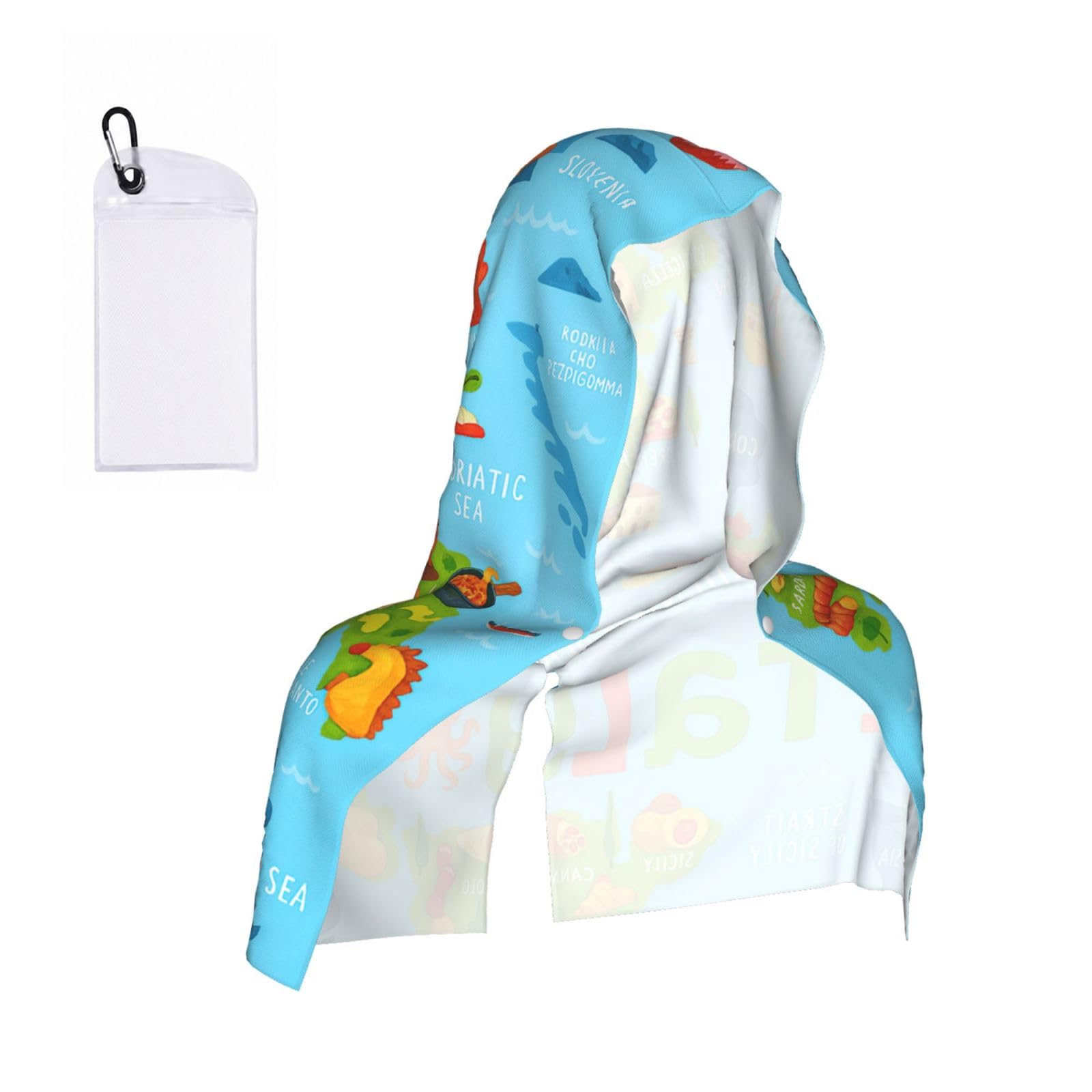 DUWAA Italy Map With Food Icons Print Cooling Hooded Sports Towel, 30×60cm Quick Drying Summer Cool Head Wrap For Neck And Face