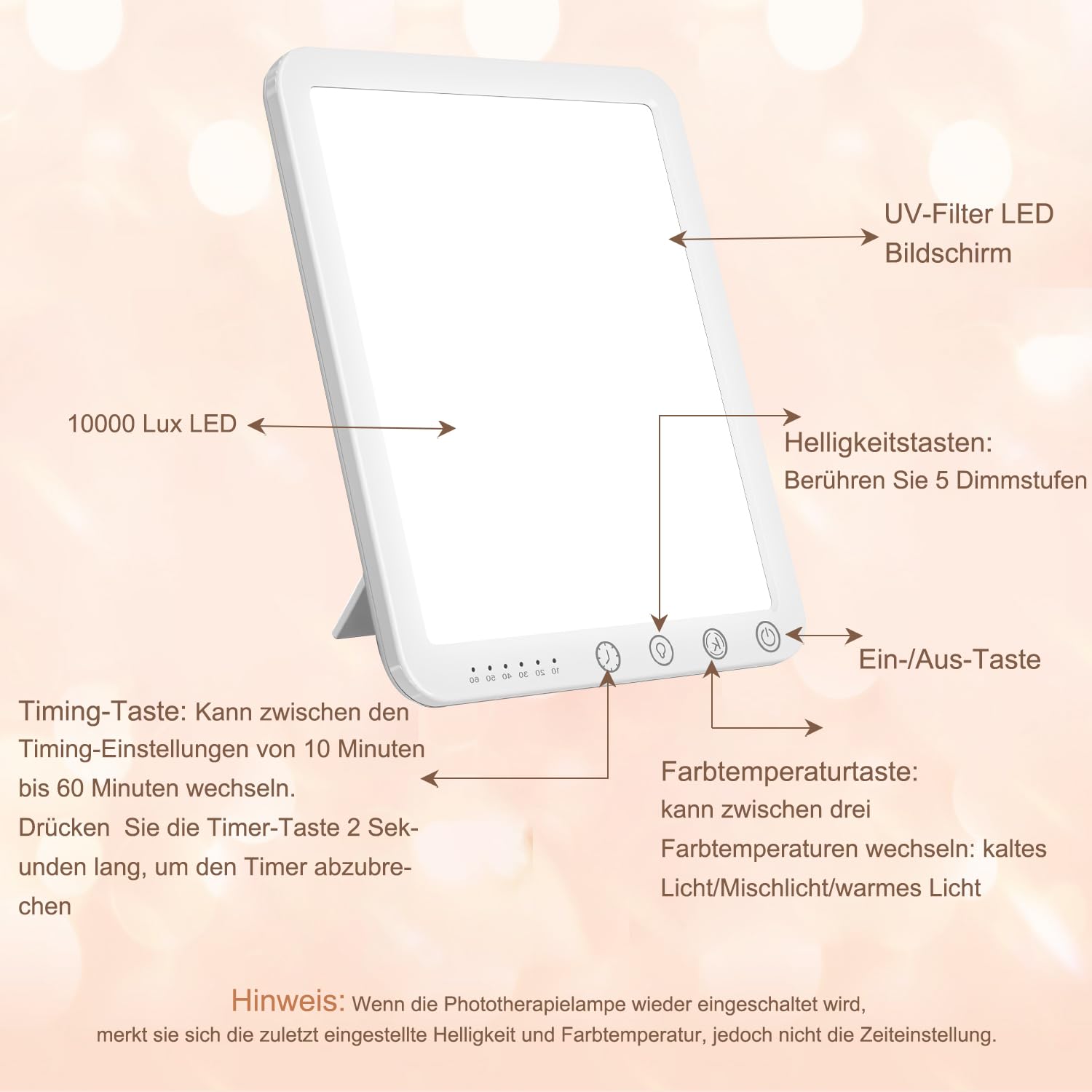 Tageslichtlampe,10000 Lux Lichttherapielampe, UV-freie LED Tageslichtlampen, Simulation von Tageslicht, 3 Farbtemperaturen 5 Helligkeitsstufen Touch-Control Sonnenlicht Lampe, Vollspektrumlampe