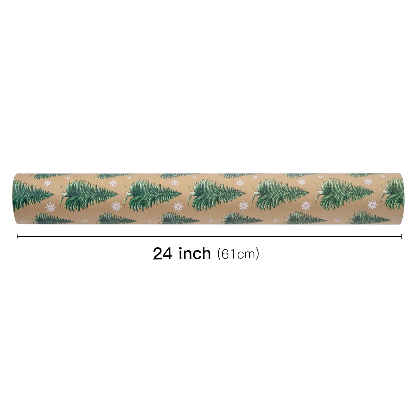 RUSPEPA Carta da regalo natalizia, rotolo di carta kraft, motivo albero di Natale e fiocco di neve, per confezioni regalo festive, 61 cm x 30 m