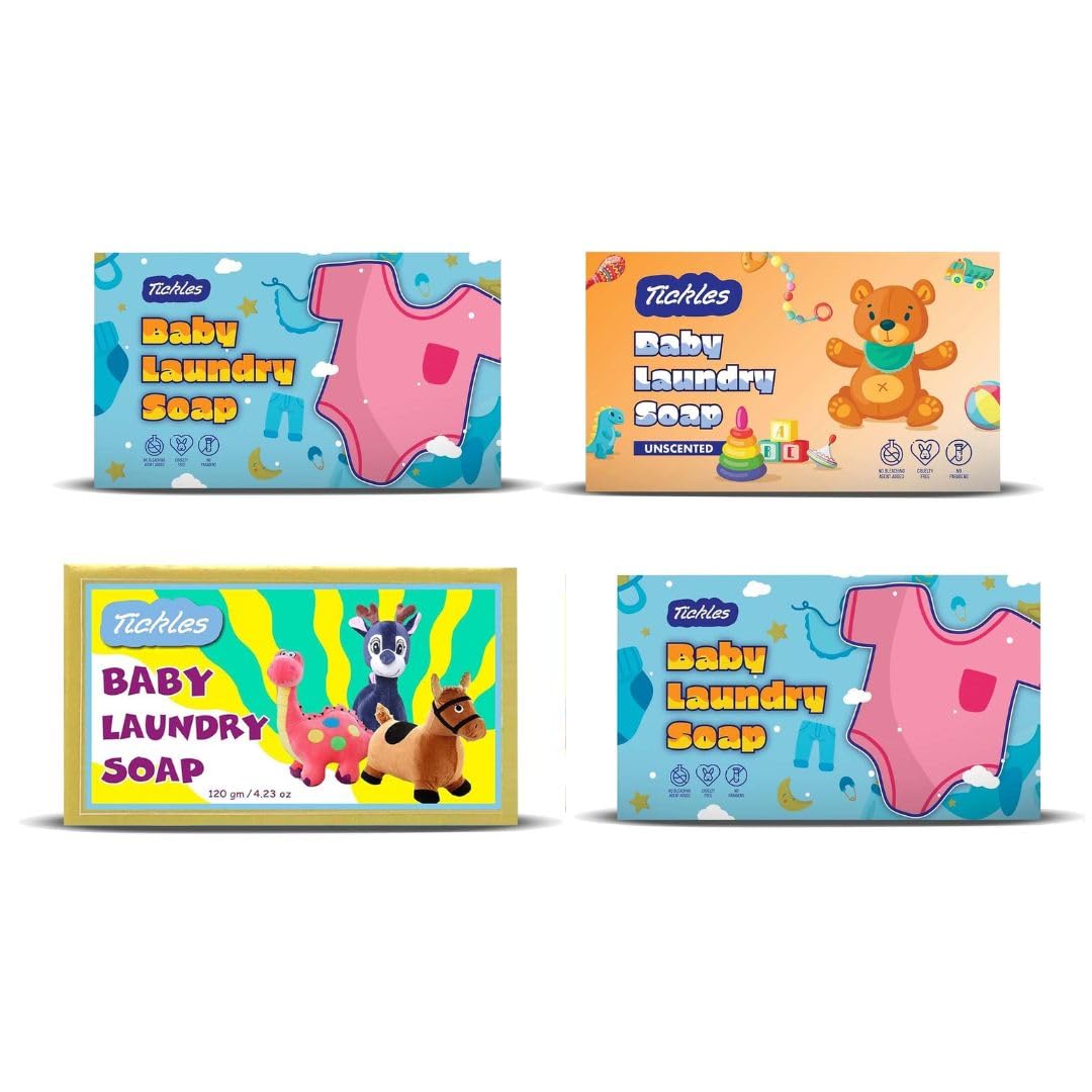 Tickles (Pack of 4) Handmade Organic Washing Soap For Baby Clothes, Accessories Mainly for Sensitive Skin 100% Chemical Free Natural Laundry Soap Citronella, Lavender, Unscented & Lemongrass (360 gms)
