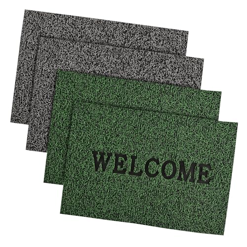 Image of Kuber Industries Pack of 4 Anti-Slip Welcome Print Grass Door Mats for Home| (16x24 Inch) Main Entrance Footmats for Bathroom, Living Room & Office | Grass Cut -Grey & Green
