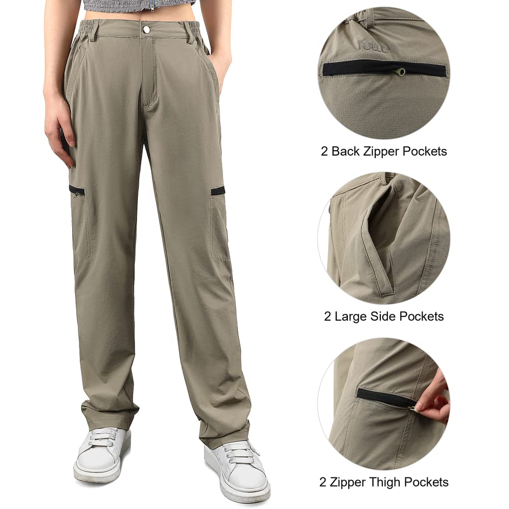 Nonwe Women's Outdoor Hiking Pants Lightweight Elastic Waist Athletic Camping Pants Khaki S/31 Inseam