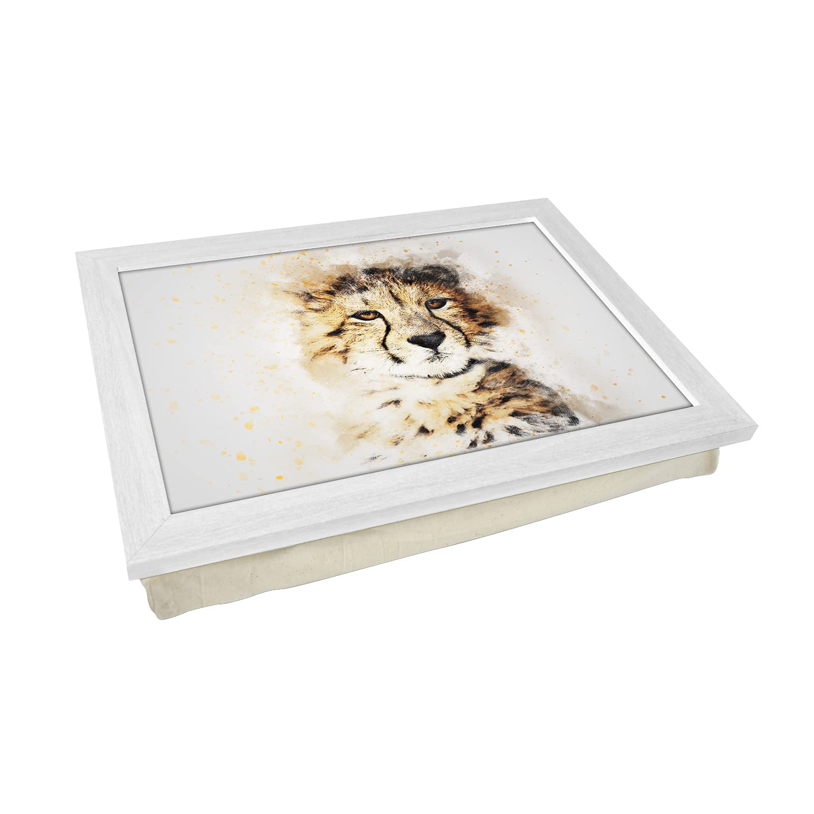 Portable Lap Desk Tray (Watercolour Leopard) Handmade Wooden Frame, Beanbag Cushioned Bottom | Computers, Laptops, Meals, Food | L832 White