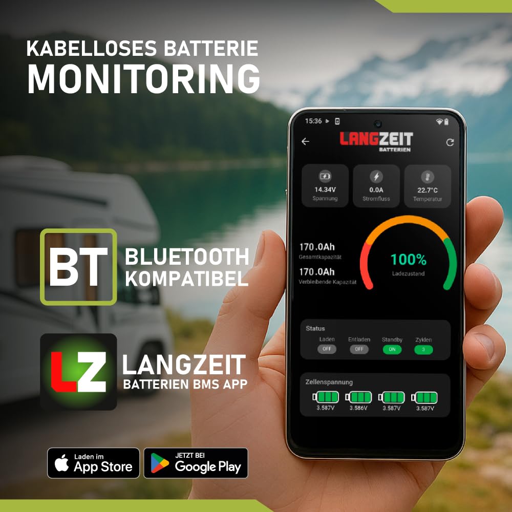 LANGZEIT LifePO4 170Ah Bluetooth BMS 12V Lithium Batterie DIN L5 H8 Solarbatterie Wohnmobil Solar Bootsbatterie Akku ersetzt 100Ah 120Ah 150Ah