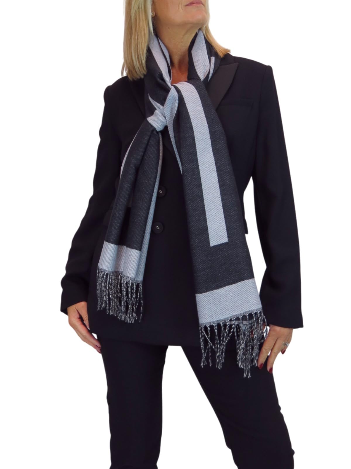 Paulo Due Women's Black/Grey Wool Scarf Supersoft Geometric Design Pashmina With Tassel Ends, Large Cosy Neck Wrap For Winter, Elegant Gift For