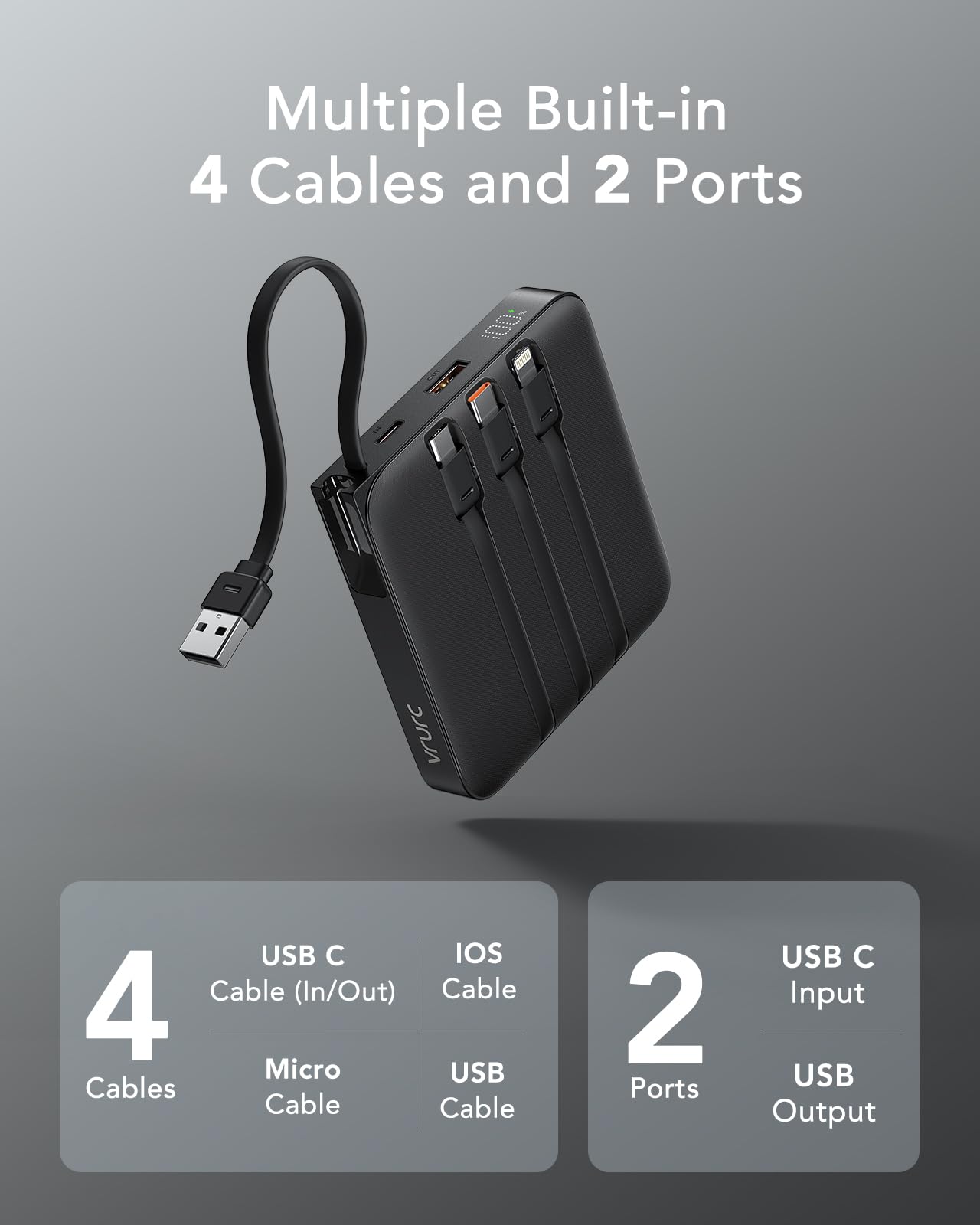 VRURC Powerbank 20000mAh Power Bank mit Kabel Klein USB C 22.5W QC3.0 Schnelles Aufladen Tragbares Ladegerät Externe Handyakkus Klein Aber Stark mit LED-Anzeige für iPhone Huawei Smartphones (schwarz)