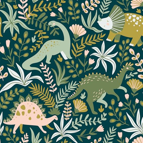 LACHEERY 17.5'x275' Floral Dinosaur Peel and Stick Wallpaper Kids Boy Nursery Wallpaper Green Woodland Animal Wall Paper Peel and Stick Removable Contact Paper for Walls Cabinets Drawers Kids Bedroom