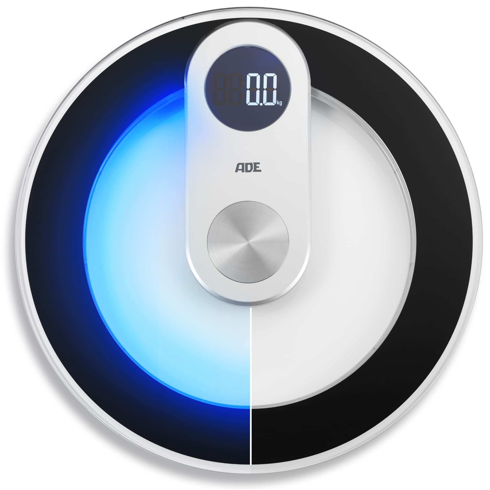 ADE Pèse-personne numérique en verre | résultats très précis | éclairage LED bleu stylé | écran LED | corps rond sans coins ni bords | jusqu'à 180 kg
