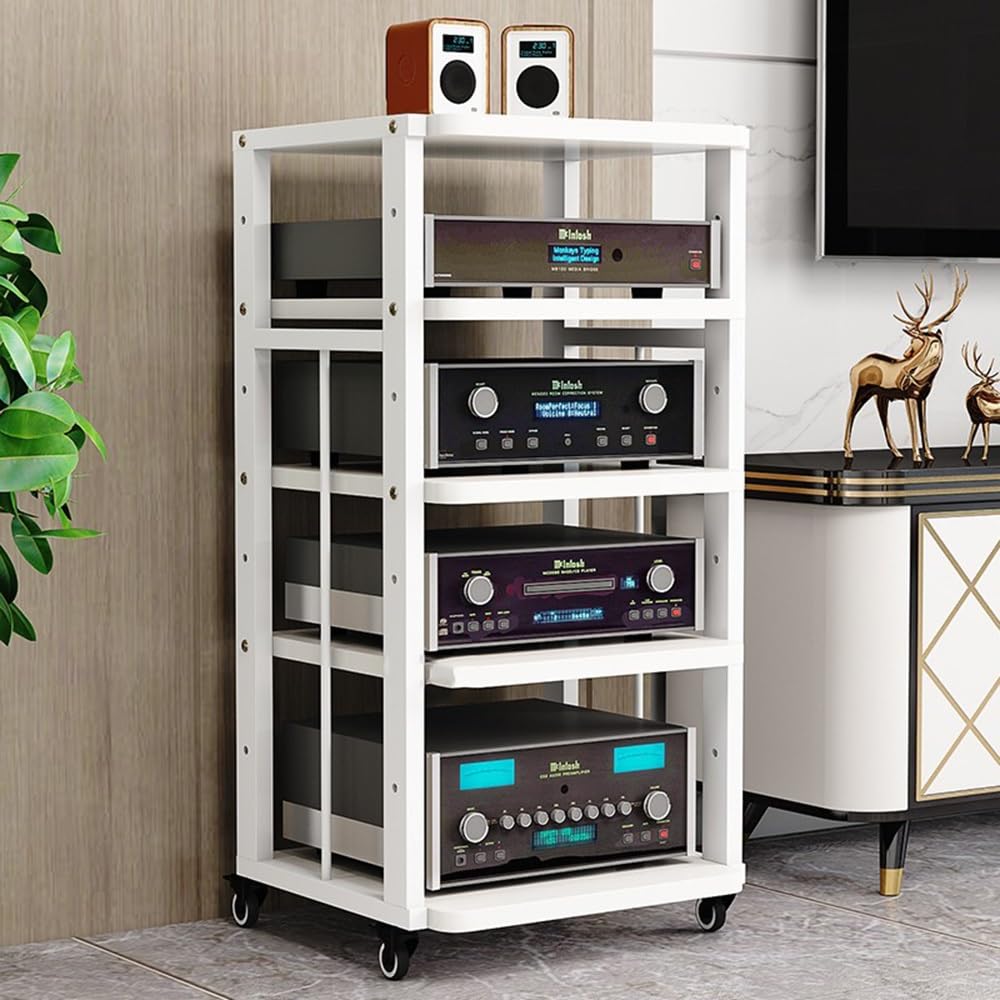ZYXQQJ Heavy AV Media Stand Movable Storage Cart HiFi Rack Adjustable Shelves Stereo Audio Cabinet For Living Room Gaming Room Music Studio(White,5 Tier)