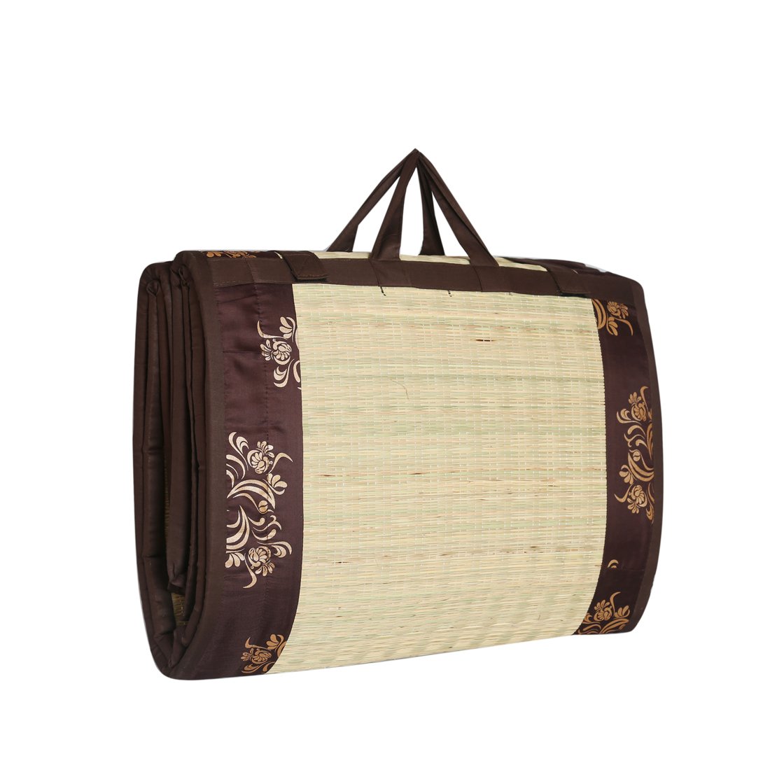 KALA DARSHAN CRAFTS BAZAARFoldable korai River Grass Mat 5X6 ft with 18MM Soft Foam (Fabric Brown New Butter Satin) Easy to Carry