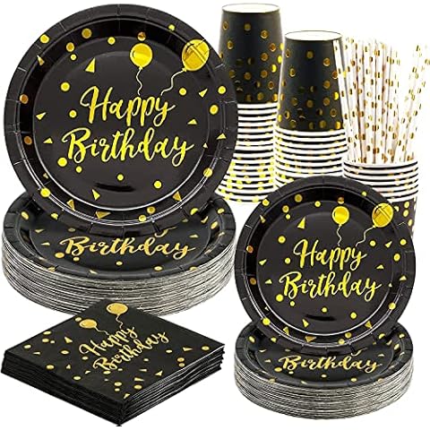 Rorchio 120 Stück Pappteller Geburtstag Schwarz Gold Cover