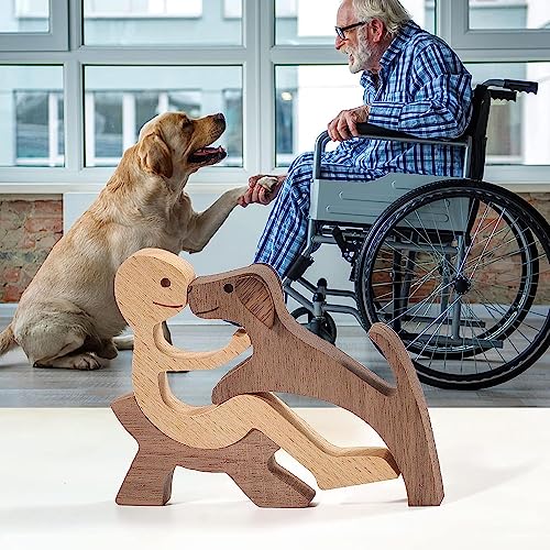 Jognee Handgefertigte Holzstatue, Welpen-Holzschnitz-Ornamente, herzerwärmendes Geschenk für Hundeliebhaber, Bastelfigur, Holz, kleine Dekorationen für Zuhause, Büro, Wohnzimmer (A – Männer + Hund)