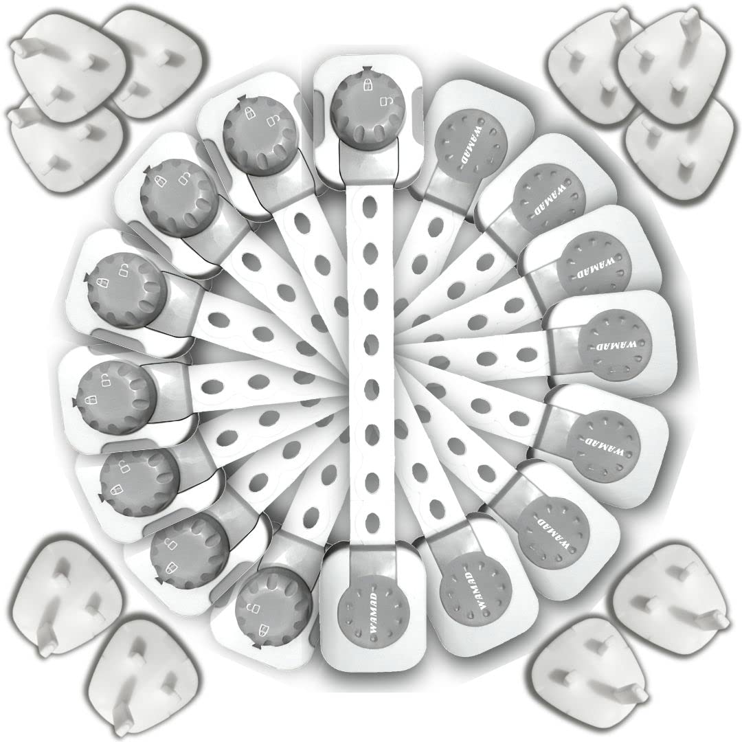 (8+10) Child Safety Latches + Electric Plug Covers For Baby Proofing + Strong 3m Adhesive, Drawer Lock For Kids Safety, Fridge Locks, Cabinet Lock, Drawers Locks, Kids Socket Cover (18, 8.5"+1.9")