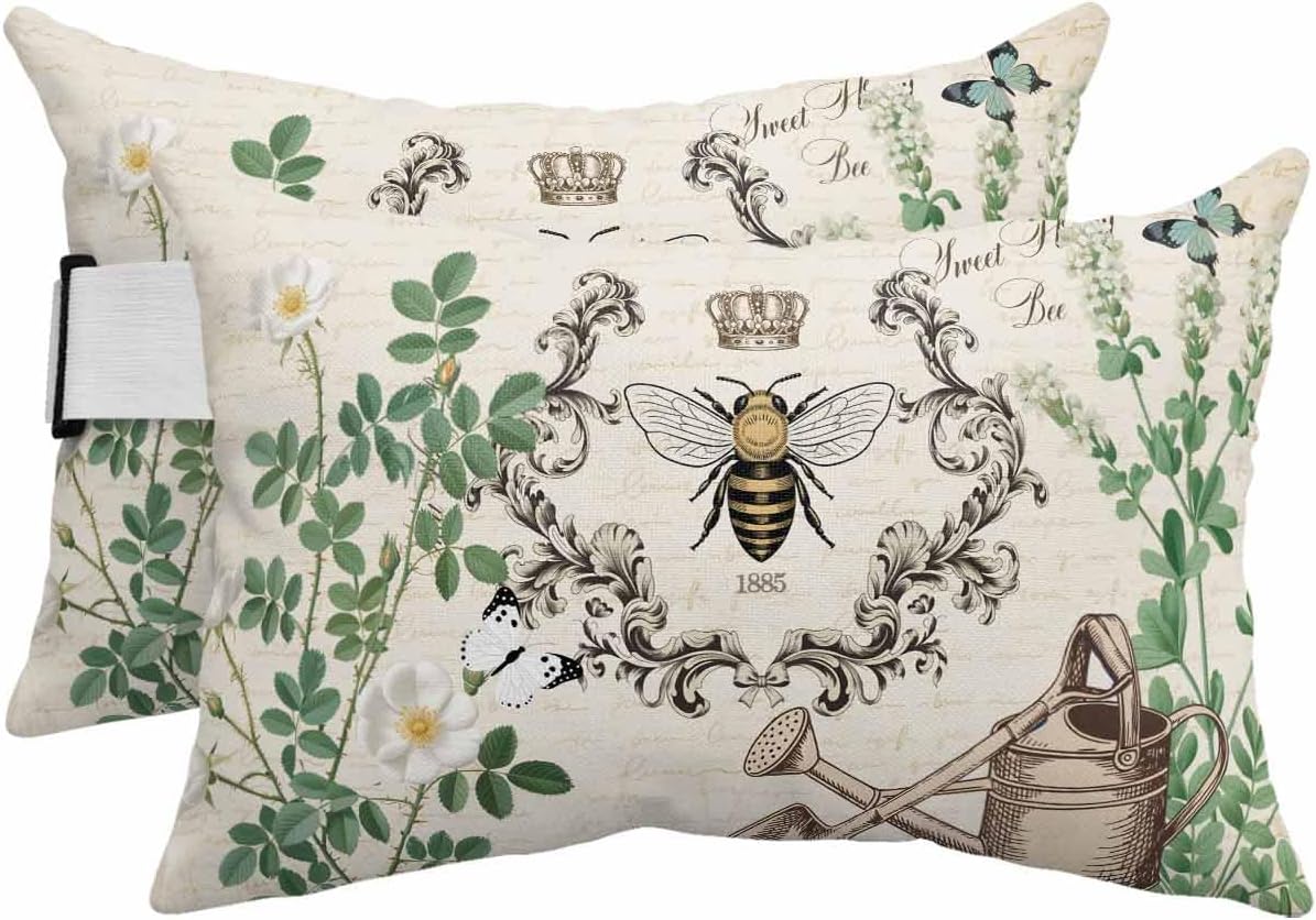 Farm Rustic Honey Bee Plant Flower Art Outdoor Pillow for Chaise Lounge Chair,Waterproof Headrest Lumbar Pillows with Insert&Elastic Strap for Patio Pool Garden Chairs Decor,Vintage Letter Back