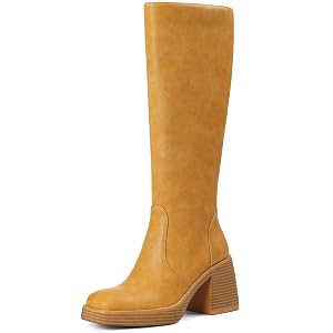 Women Knee High Boots Faux Leather Platform Chunky Square Toe Heeled Side Zipper Fall Wide Calf Long Tall