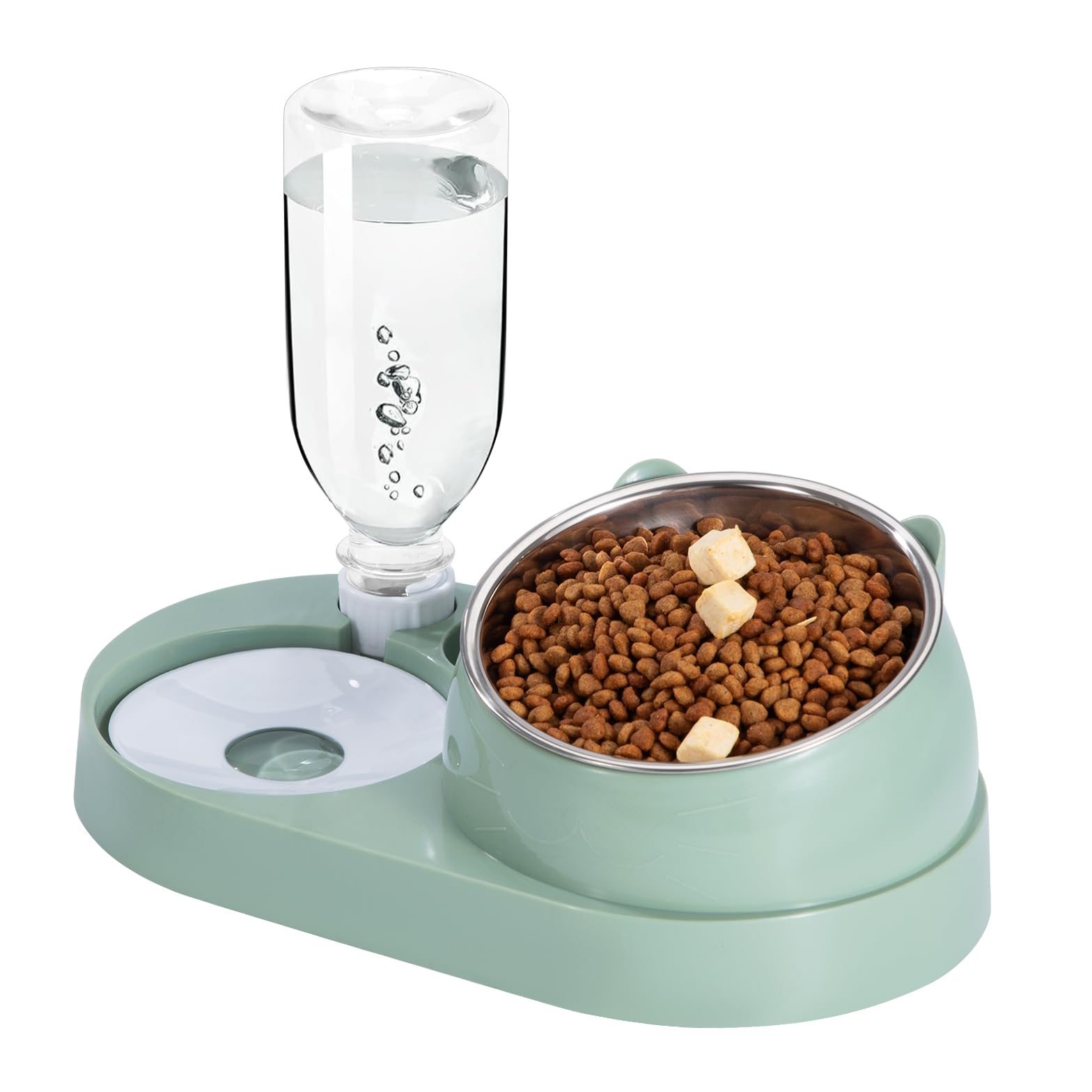 Comedero para gatos con botella de agua automática 2 en 1, cuenco elevado de acero inoxidable, antivómito, para gatos pequeños, medianos y perros, color verde