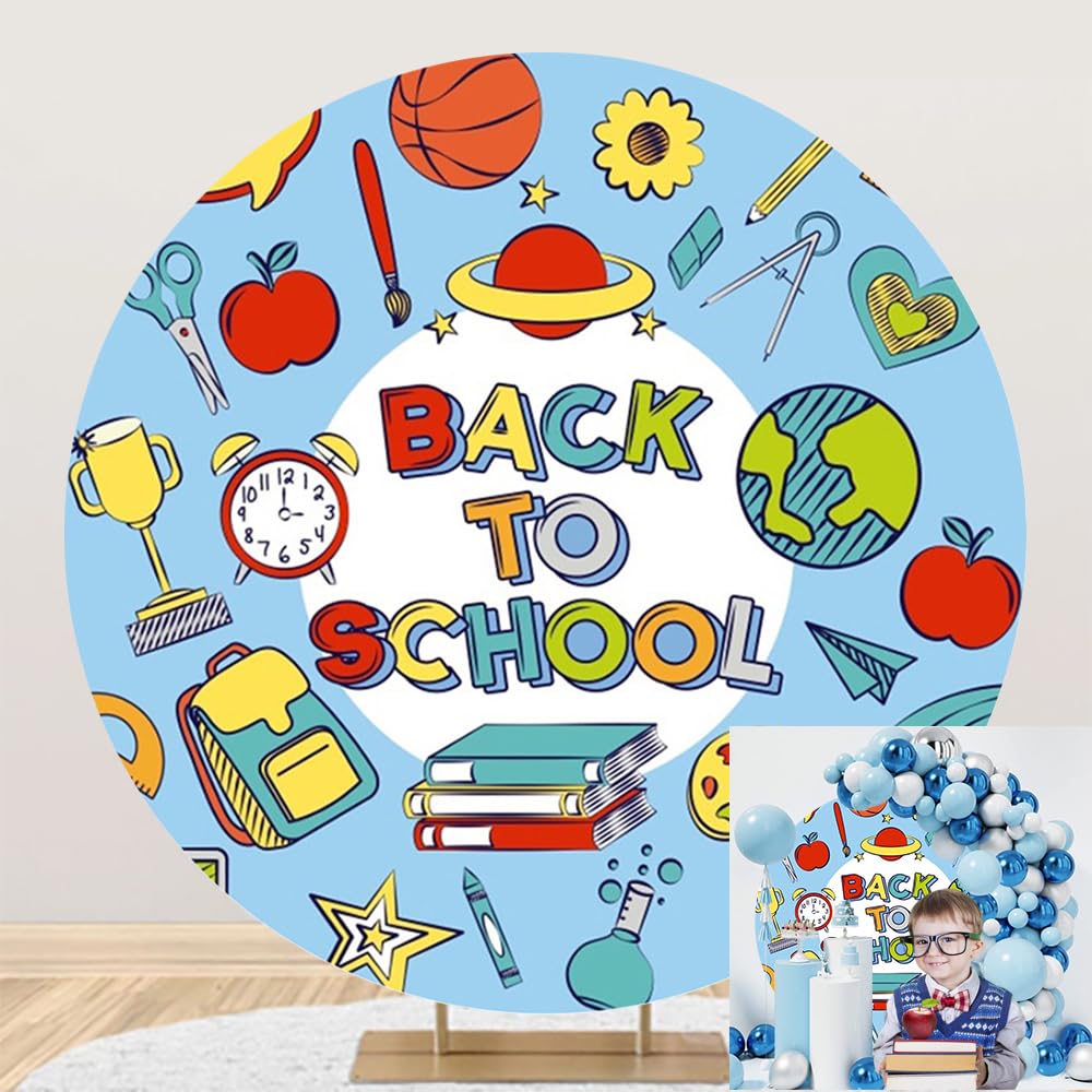 Fotohintergrund „Back To School“ Runde Abdeckung 2,2x2,2 M – Polyester, Handbemalt, Für Kinderfotos, Party, Studio