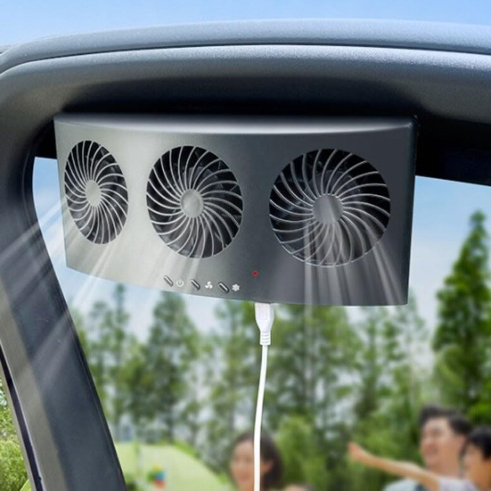 USB Rechargeable Car Window Fan with 3 Air Outlets, usb car exhaust fan car window ventilator High 4000 RPM Cooling Ventilator for All Vehicle Models(Black | Power on)