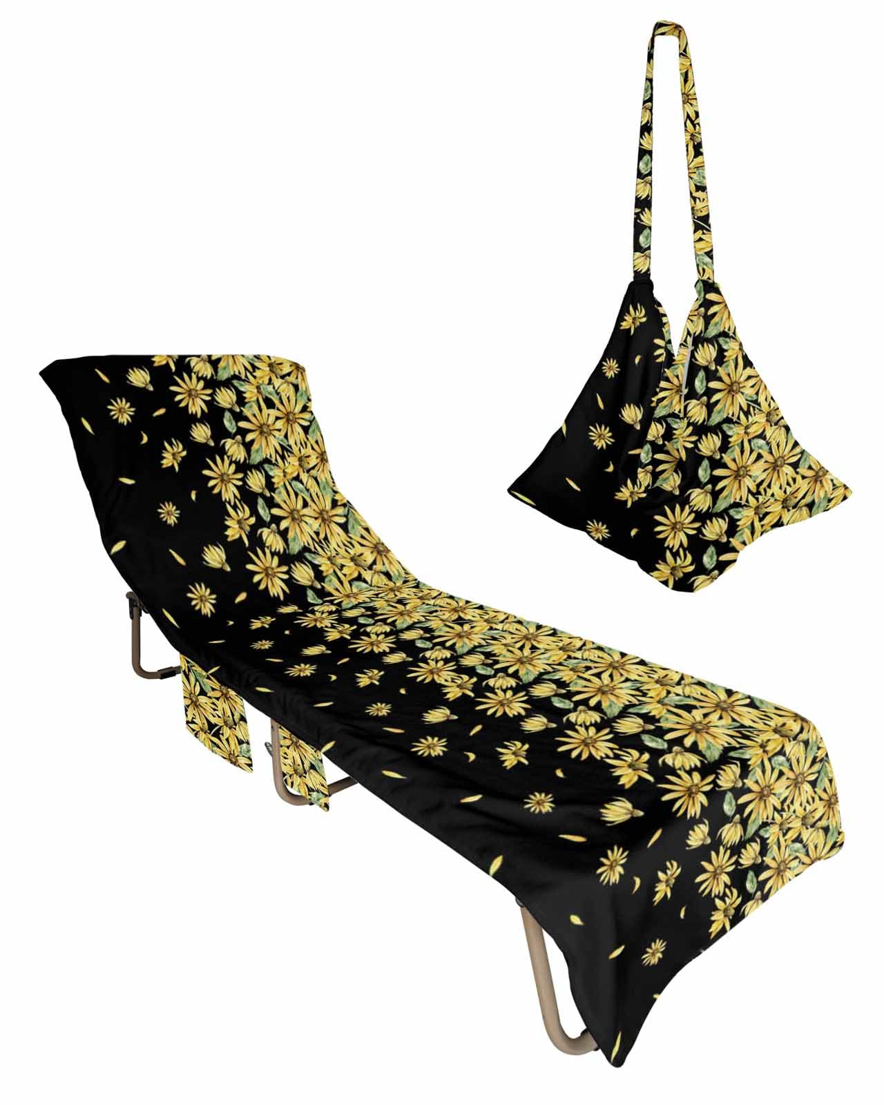 Daisy Yellow Beach Chair Towel Covers for Chaise Lounge with Side Pocket, Soft Plush Pool Towels Cover for Patio Sunbathing Outdoor 29''x85'' Black Wildflower Country Rustic Floral
