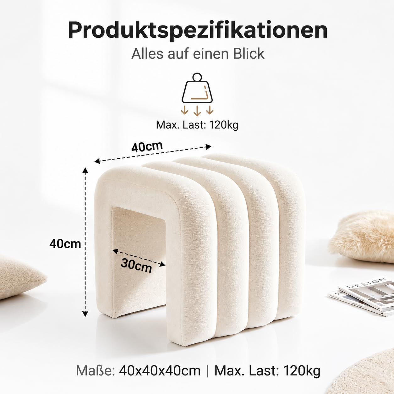 Zedelmaier Hocker mit Holzfüßen – Weißer Sitzhocker, Fußhocker, Sitzwürfel & Pouf für Wohnzimmer, Schlafzimmer, Eingangsbereich (Weiß)