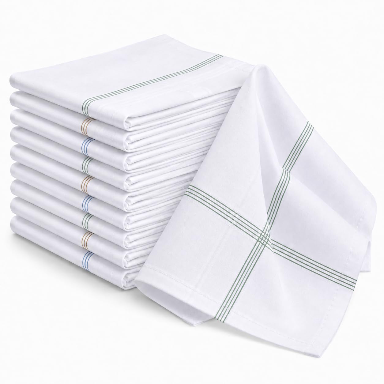 Men's Pure Cotton Handkerchiefs – White with Assorted Colour Stripe Border | Soft, Absorbent & Sweat-Absorbing | Triple Line Check Rumal for Daily Use, Office & Gifting-image-34